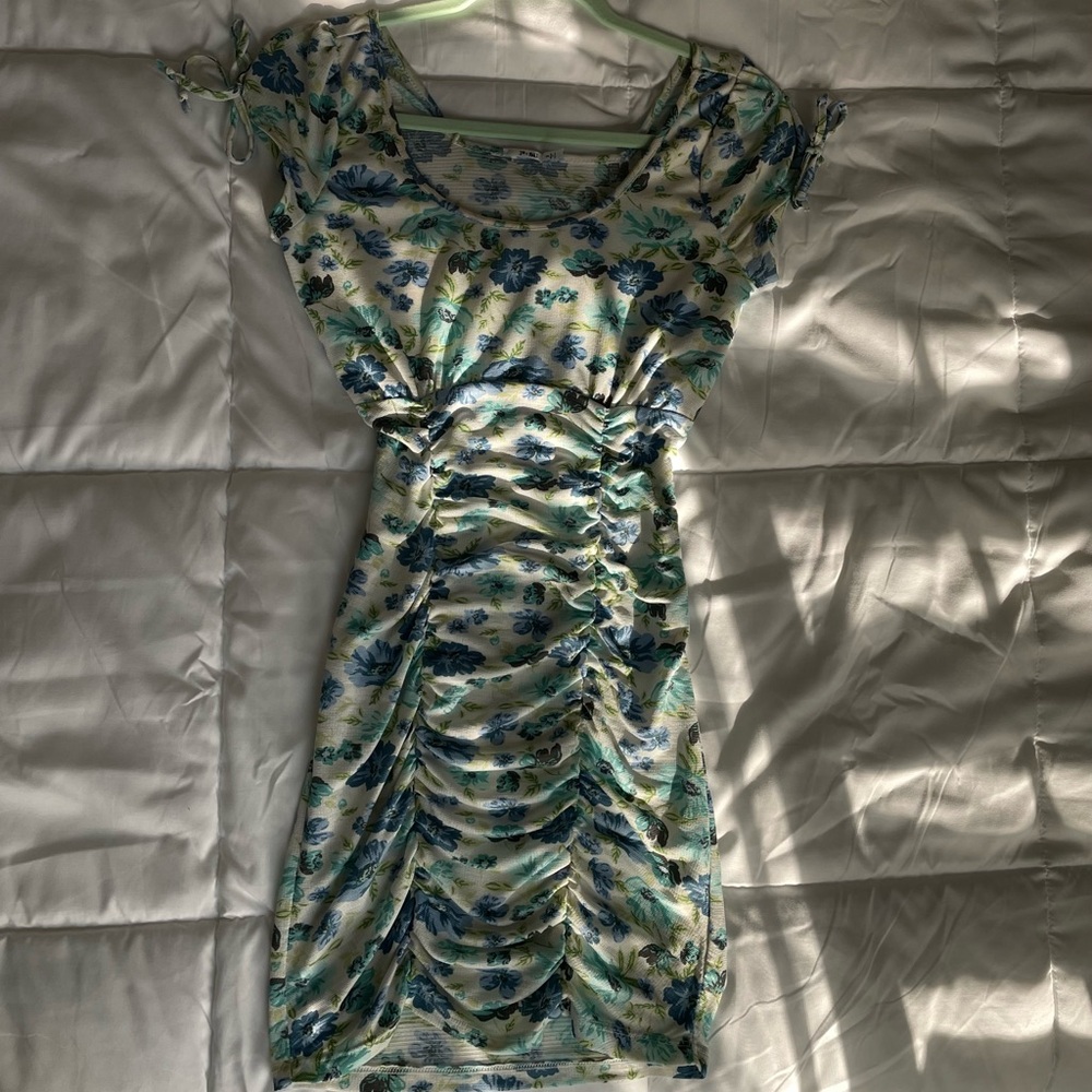 Blue Floral Ruched Mini Dress